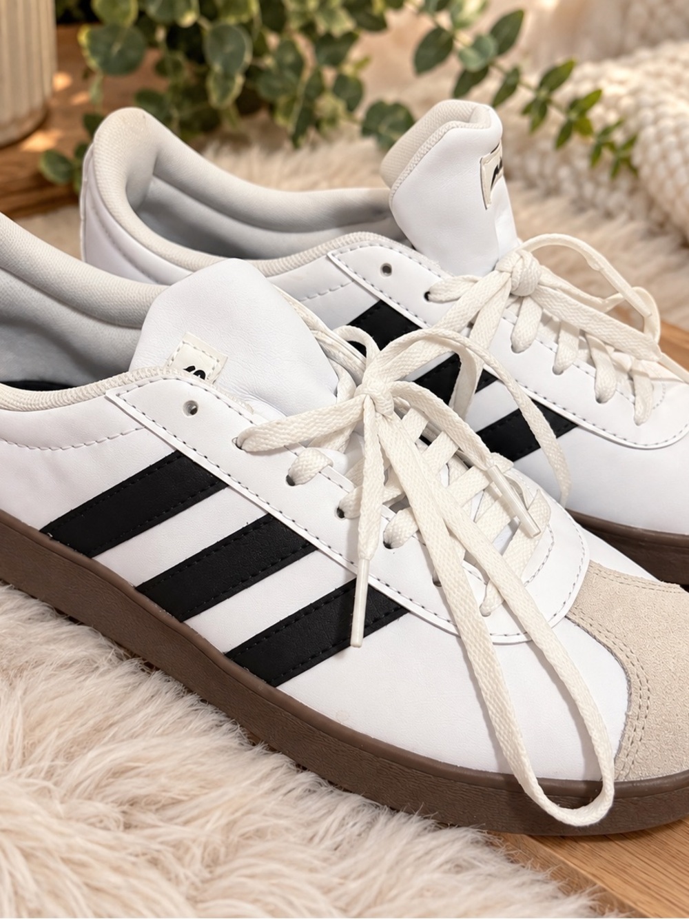 adidas White Sneakers with Black Stripes and Brown Sole
